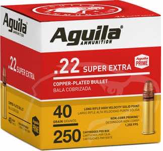 Aguila 1B221100 Super Extra Rimfire 22LR 40gr Copper Plated Solid Point 250 Per Box/8 Case